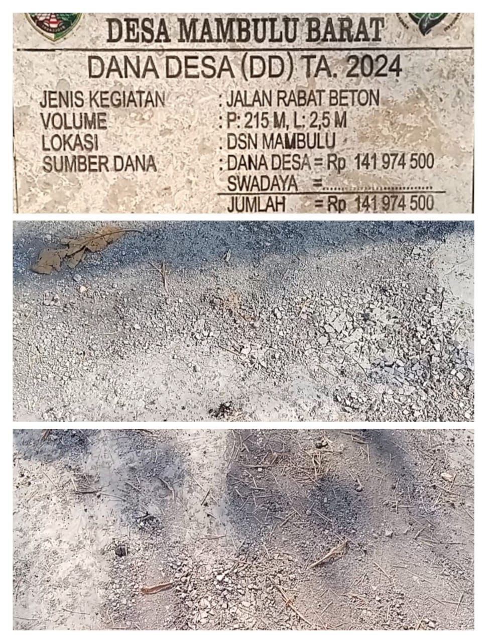 Pontensi Rugikan Uang Negara Jalan Rabat Beton Desa Mambulu Barat/Tambelangan Hancur