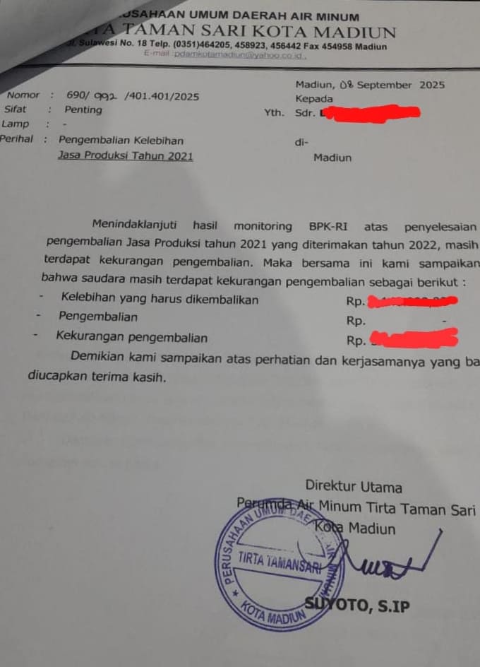 Pegawai Aktif dan Pensiunan PDAM Kota Madiun, Diminta Kembalikan Kelebihan Jasa Produksi 2021