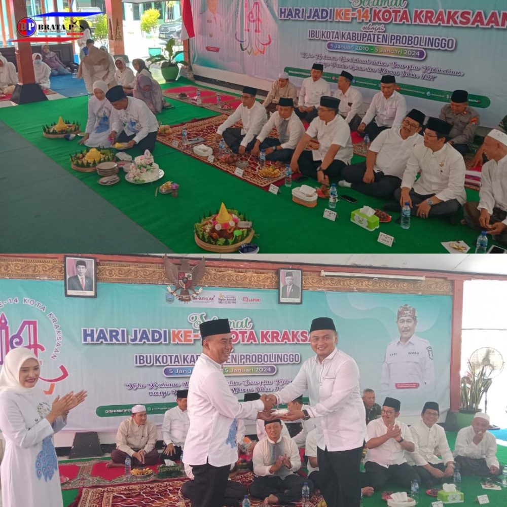 Pemotongan Tumpeng Oleh Pj Bupati Ugas Irwanto, Warnai Tasyakuran HUT ke-14 Kota Kraksaan