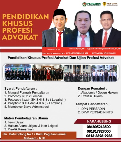 DPW PERSADIN NTB KEMBALI MEMBUKA KESEMPATAN UNTUK PARA CALON ADVOKAT ANGKATAN KE-XXII YANG AKAN DIAMBIL SUMPAHNYA DI PENGADILAN TINGGI NTB BULAN DESEMBER 2025