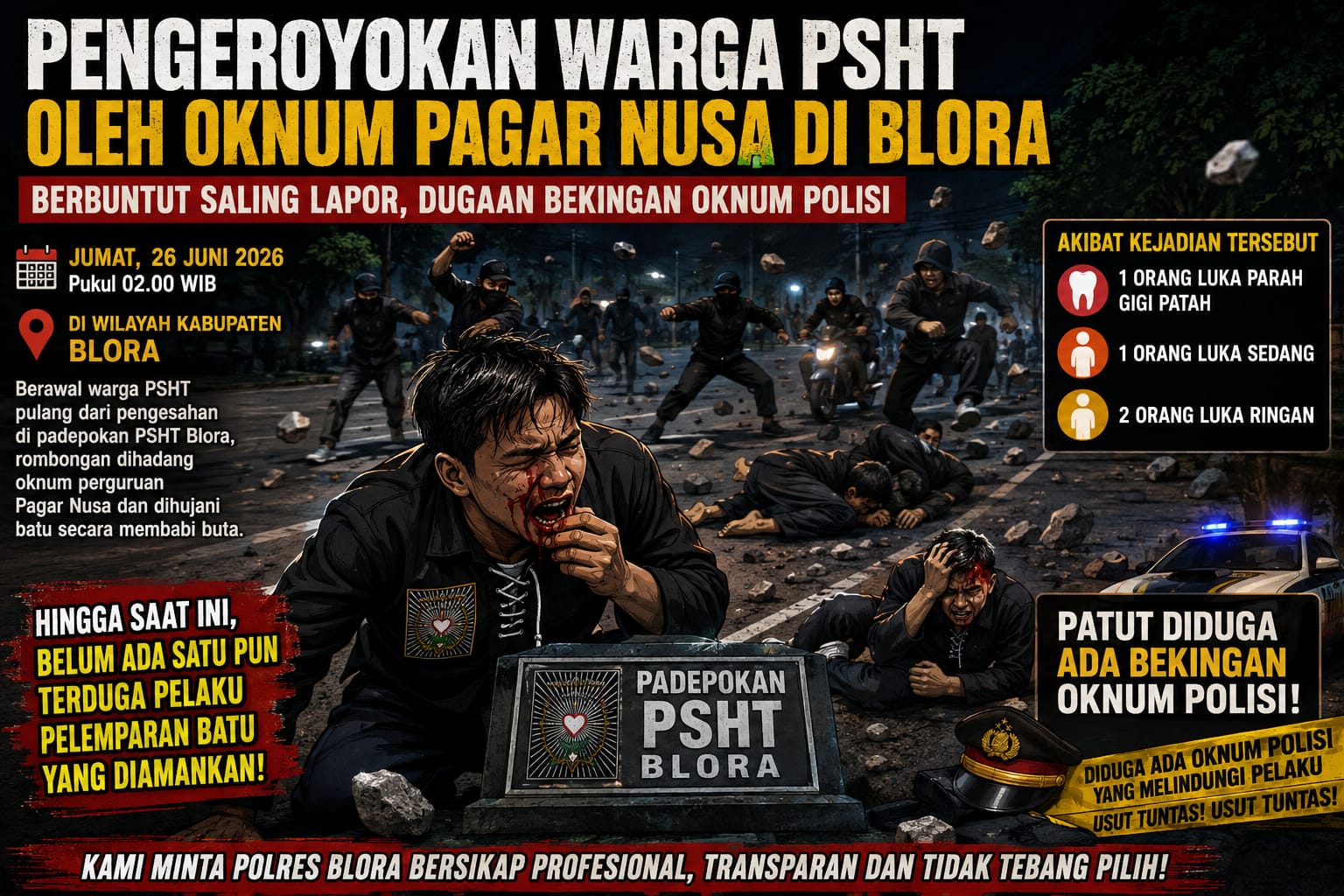Dugaan Pengeroyokan Warga PSHT di Blora Berbuntut Saling Lapor, Penanganan Kasus Dipertanyakan
