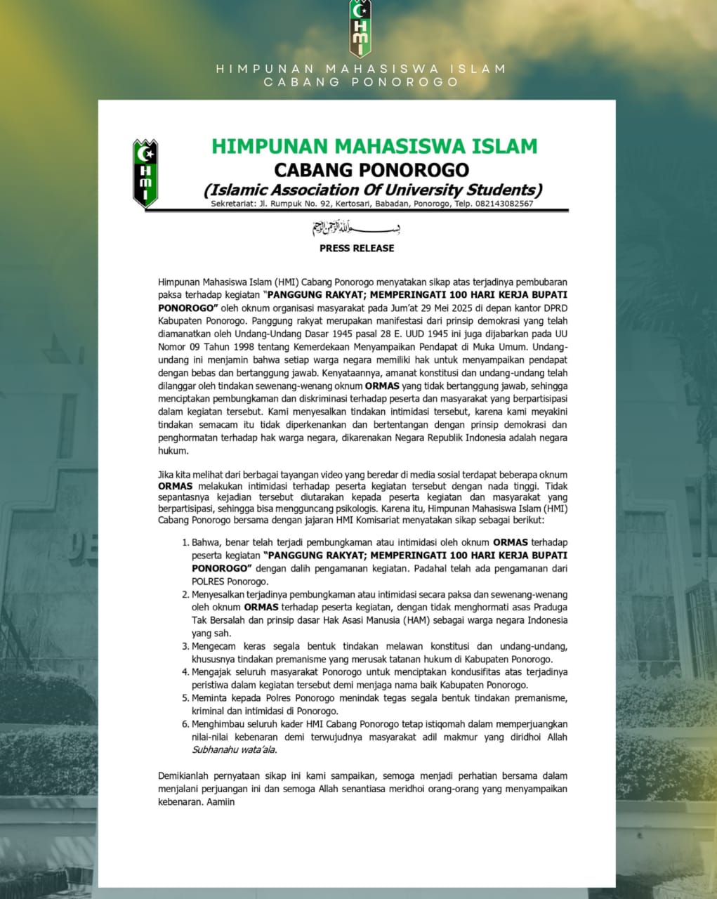 HMI Ponorogo Kecam Aksi Pembubaran Di Acara Panggung Rakyat, Bentuk Pembungkaman Terhadap Kebebasan Berpendapat Di Muka Umum