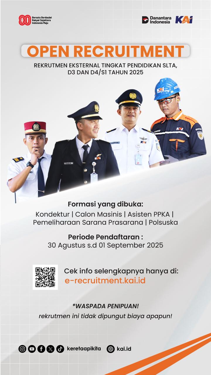 KAI Buka Rekrutmen Eksternal 2025, Sediakan Formasi untuk Lulusan SLTA hingga S1