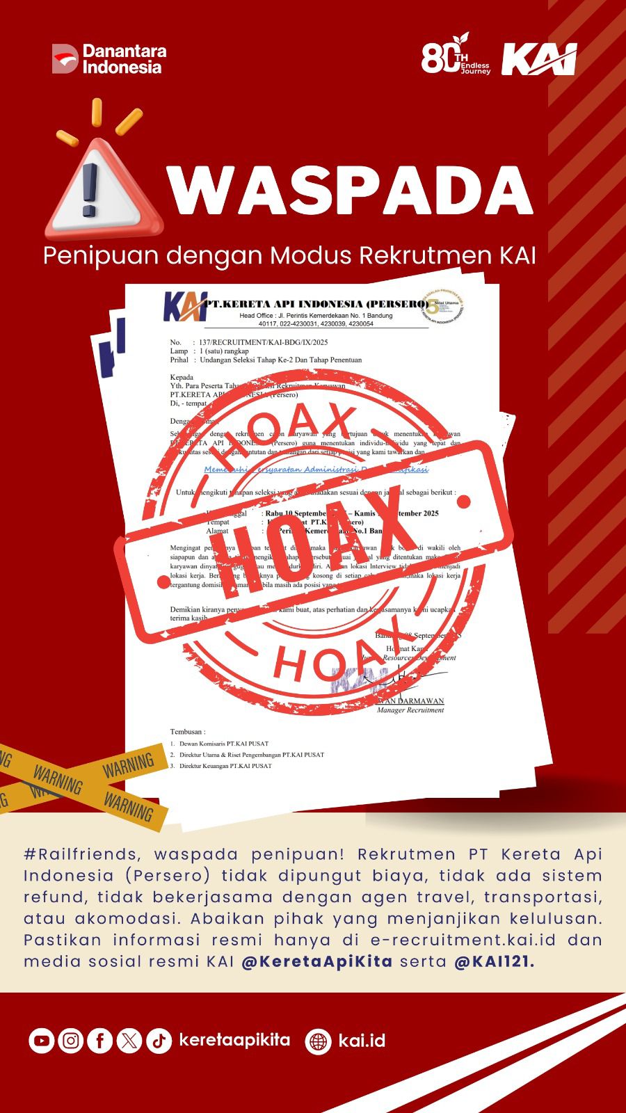 KAI Daop 7 Madiun, Ingatkan Masyarakat Waspada Penipuan Rekrutmen Berkedok Lowongan Kerja