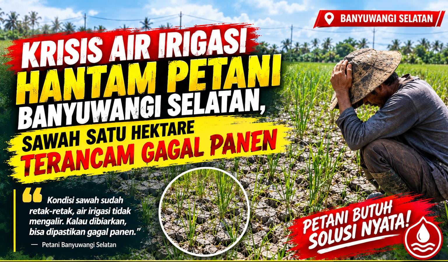 Krisis Air Irigasi Hantam Petani Banyuwangi Selatan, Sawah Satu Hektare Terancam Gagal Panen