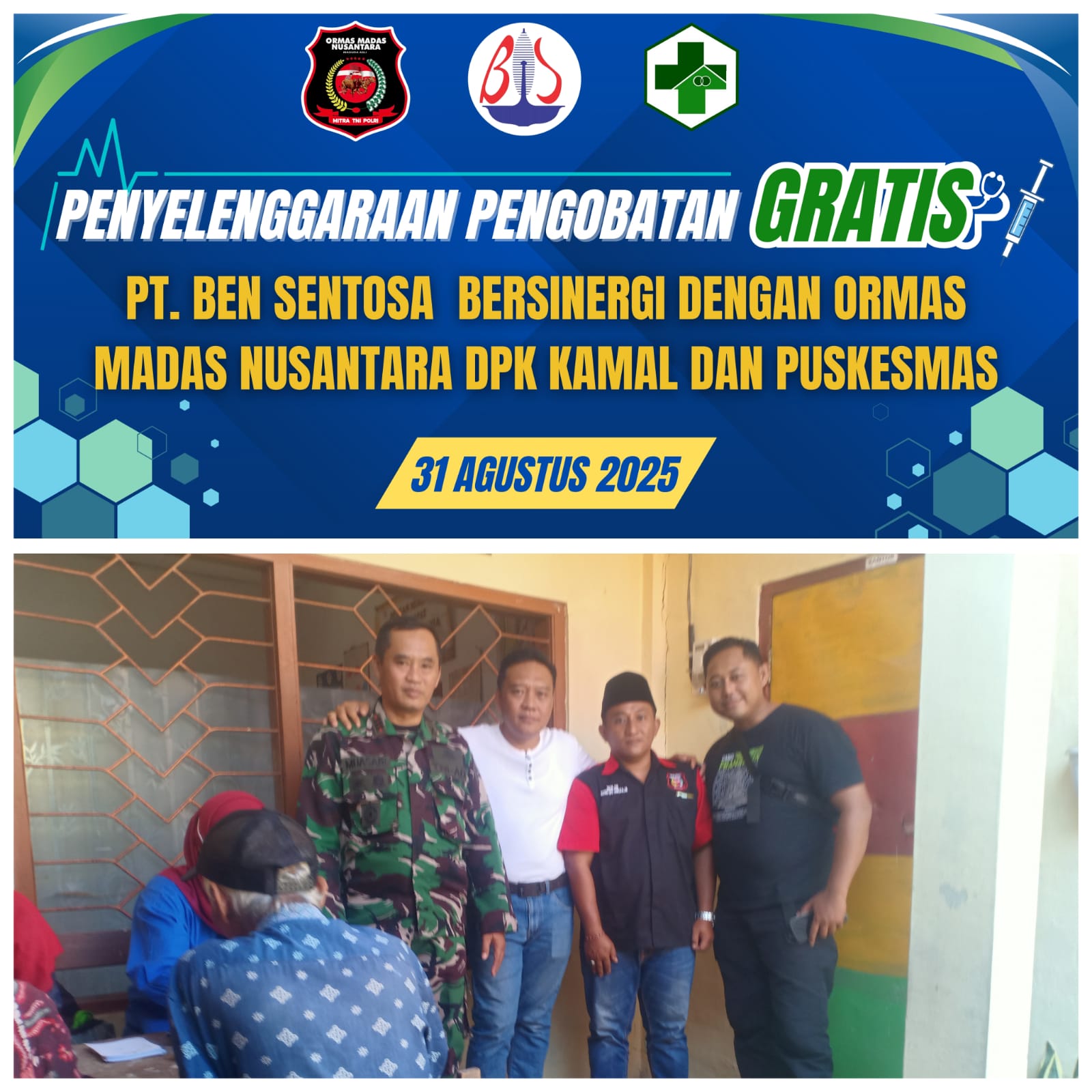 Madas Nusantara Gelar Pengobatan Gratis Bersama PT Ben Santosa dan Puskesmas Kamal