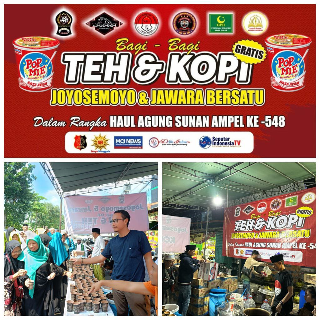Ormas Jawara Bersatu dan Joyosemoyo Community Bagikan Kopi, Teh, serta Pop Mie Gratis di Haul Agung Sunan Ampel