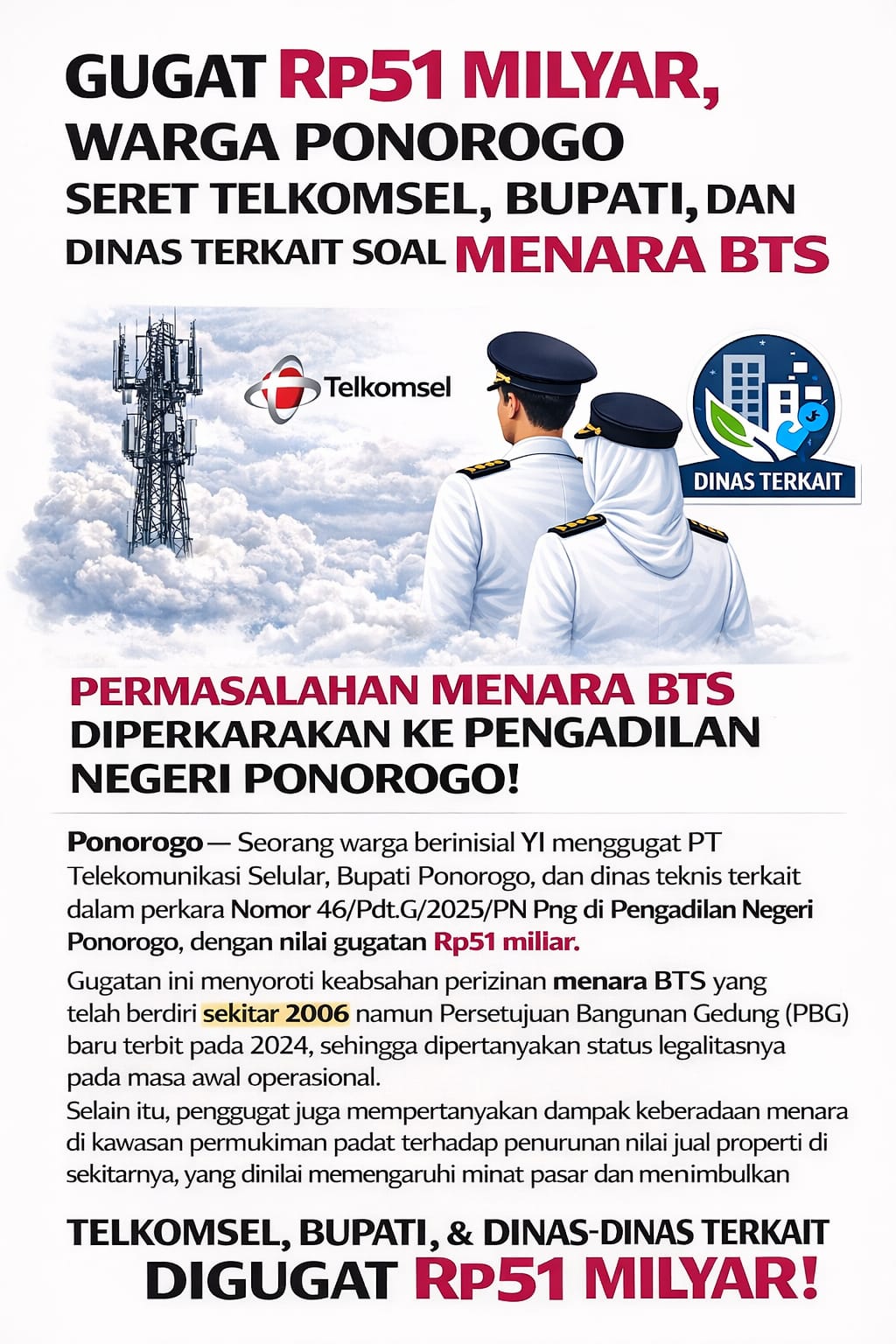 Warga Ponorogo Gugat Telkomsel dan Pemkab Rp51 Miliar Terkait Keberadaan Menara BTS di Permukiman